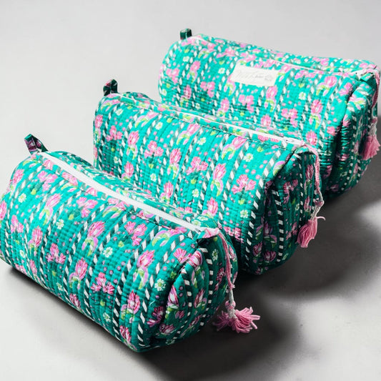 Quilted Floral Accessory Case | Cotton Wash Bag | Small, Medium and Large