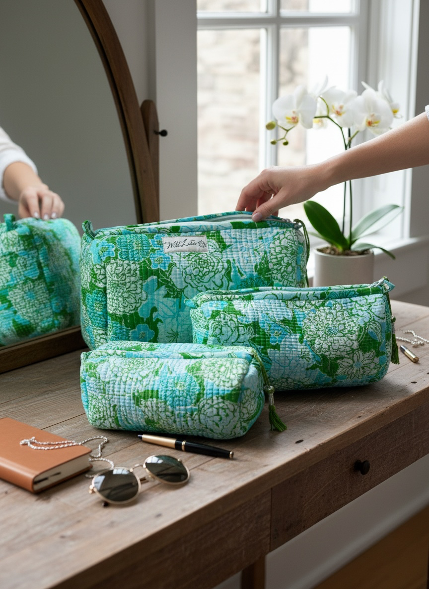 Quilted Floral Accessory Case | Cotton Wash Bag | Small, Medium and Large