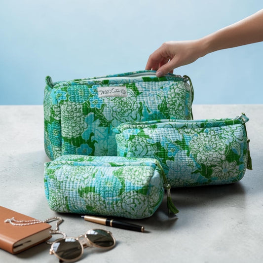 Quilted Floral Accessory Case | Cotton Wash Bag | Small, Medium and Large