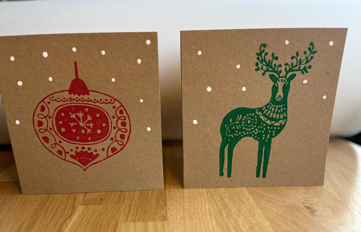 Pack of 10 Reindeer and Christmas Bauble Card, Kraft Card, Hand Printed, 5 of each design