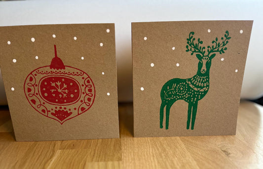 Pack of 10 Reindeer and Christmas Bauble Card, Kraft Card, Hand Printed, 5 of each design