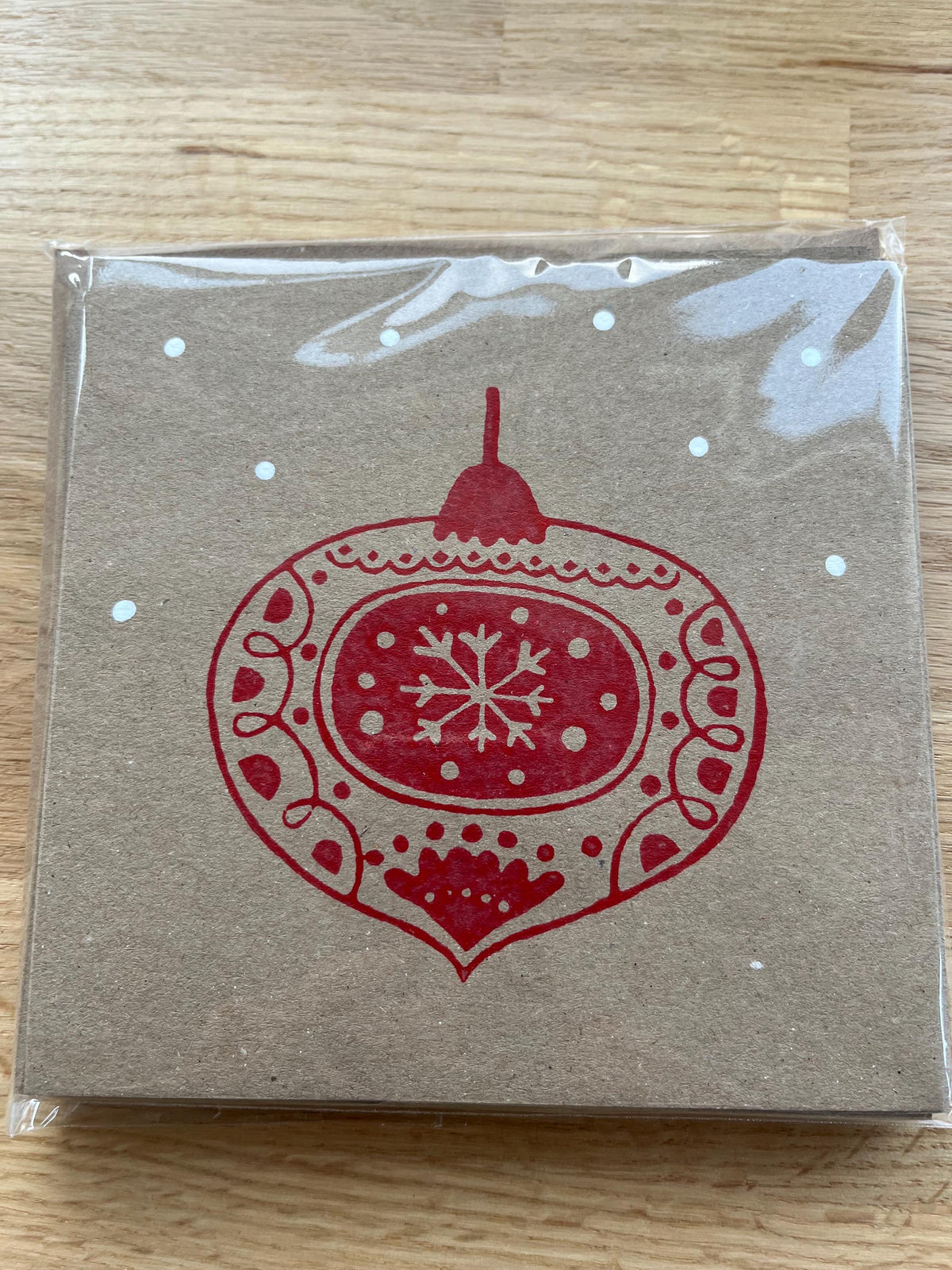 Pack of 10 Reindeer and Christmas Bauble Card, Kraft Card, Hand Printed, 5 of each design