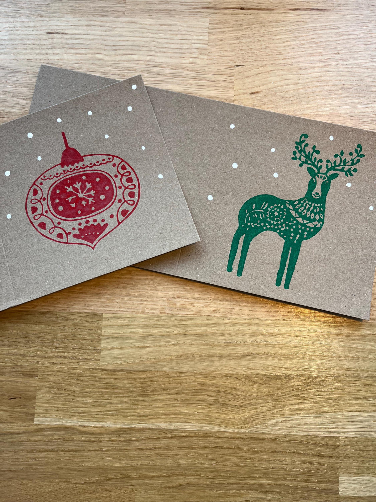 Pack of 10 Reindeer and Christmas Bauble Card, Kraft Card, Hand Printed, 5 of each design