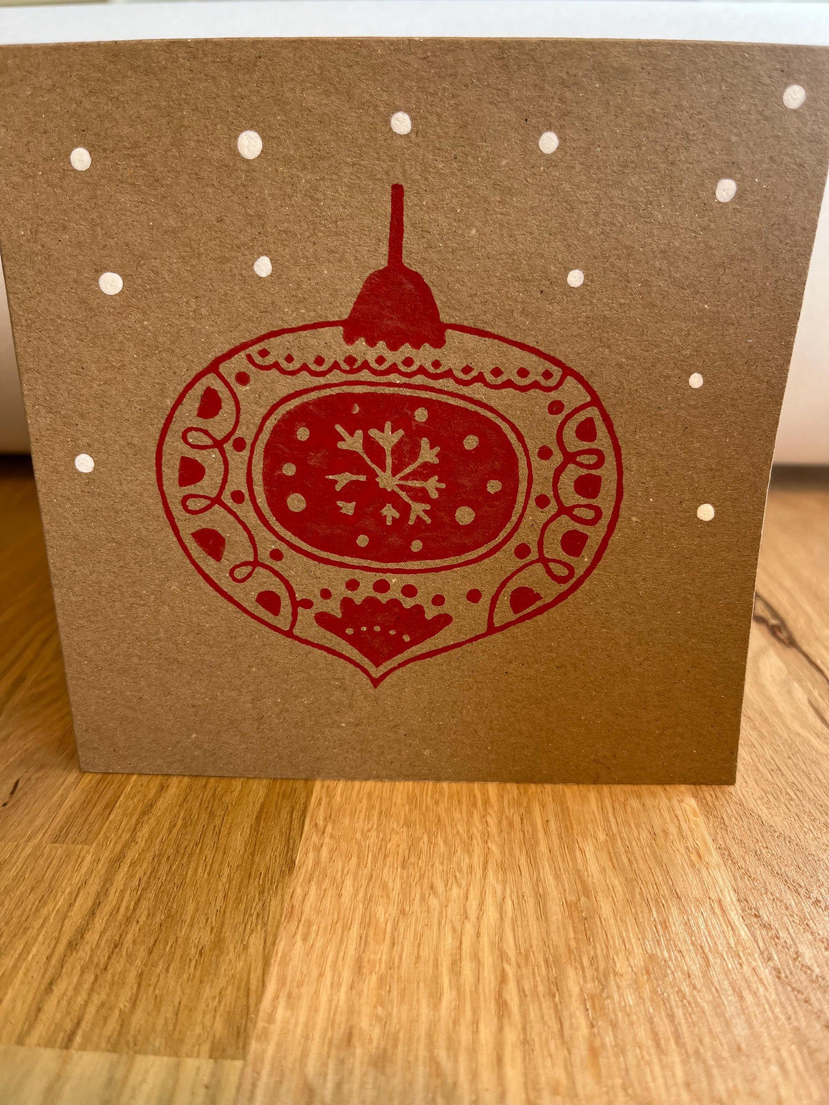 Pack of 10 Reindeer and Christmas Bauble Card, Kraft Card, Hand Printed, 5 of each design