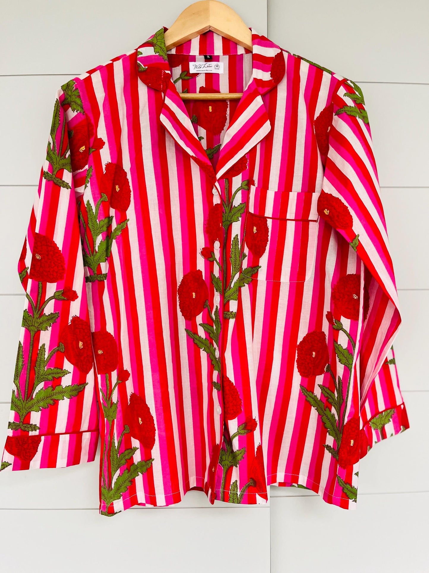 Bright Floral Striped Long Pyjama Set – Pink, Red and White Cotton Sleepwear | Vintage-Inspired Button-Up PJs | Gift for Her