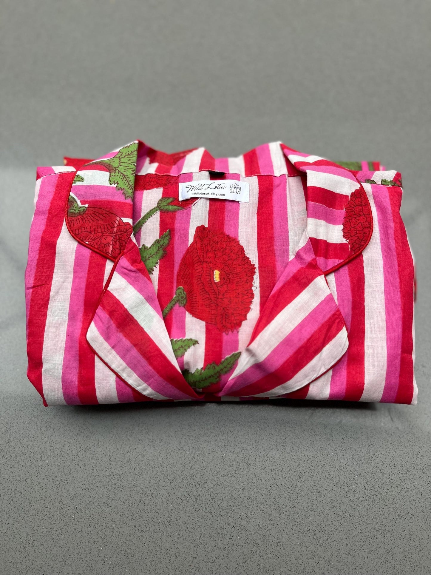 Bright Floral Striped Long Pyjama Set – Pink, Red and White Cotton Sleepwear | Vintage-Inspired Button-Up PJs | Gift for Her