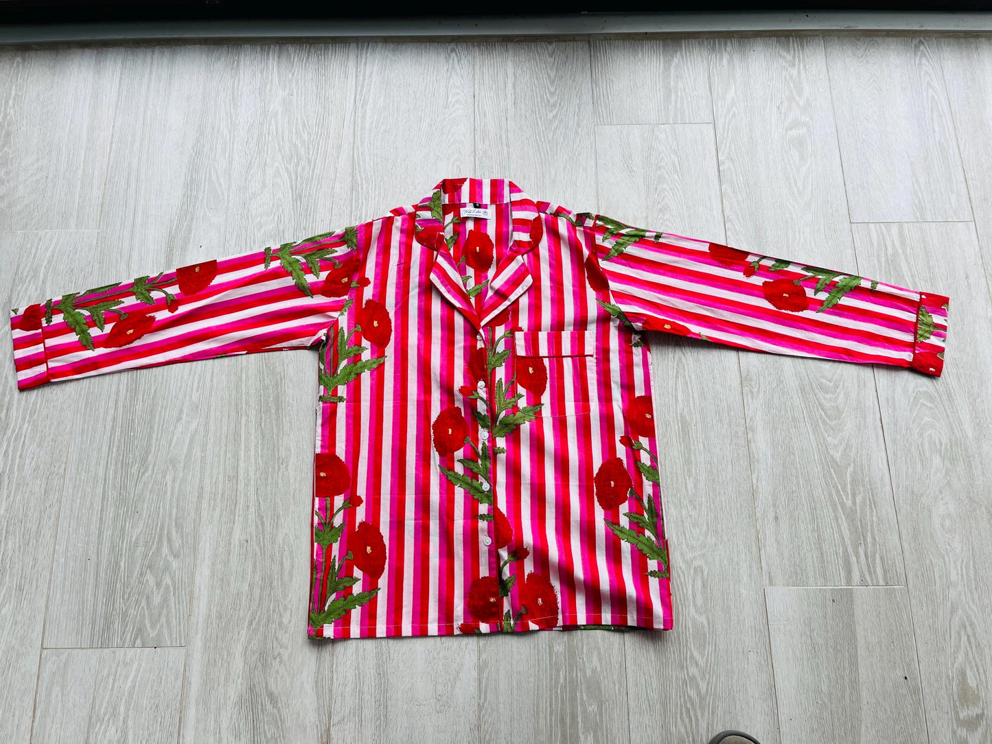 Bright Floral Striped Long Pyjama Set – Pink, Red and White Cotton Sleepwear | Vintage-Inspired Button-Up PJs | Gift for Her