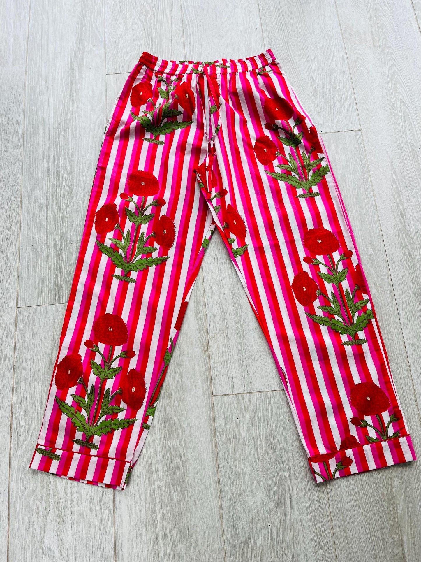 Bright Floral Striped Long Pyjama Set – Pink, Red and White Cotton Sleepwear | Vintage-Inspired Button-Up PJs | Gift for Her