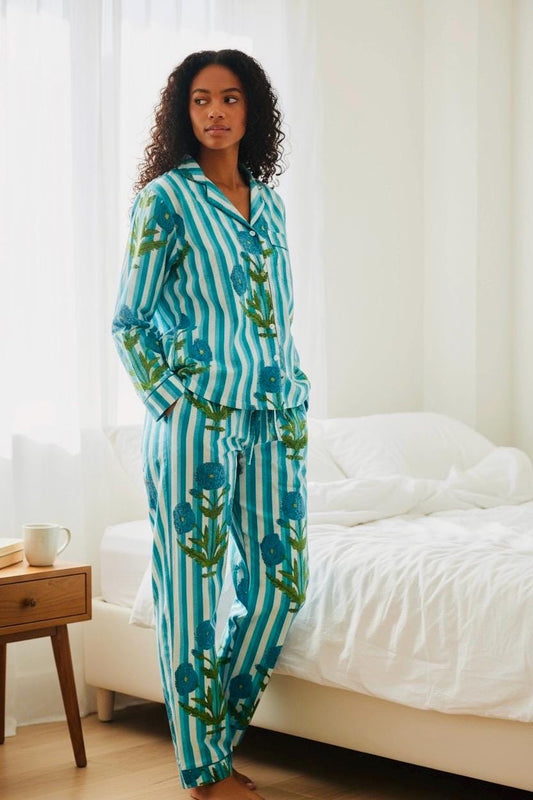 Bright Floral Striped Long Pyjama Set – Turquoise, Pale Blue and White 100% Cotton Sleepwear | Vintage-Inspired Button-Up PJs | Gift for Her