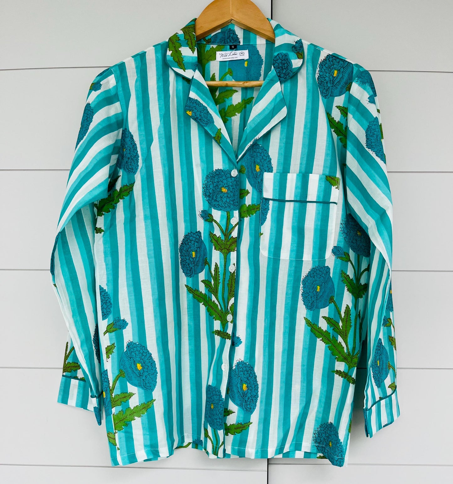 Bright Floral Striped Long Pyjama Set – Turquoise, Pale Blue and White 100% Cotton Sleepwear | Vintage-Inspired Button-Up PJs | Gift for Her