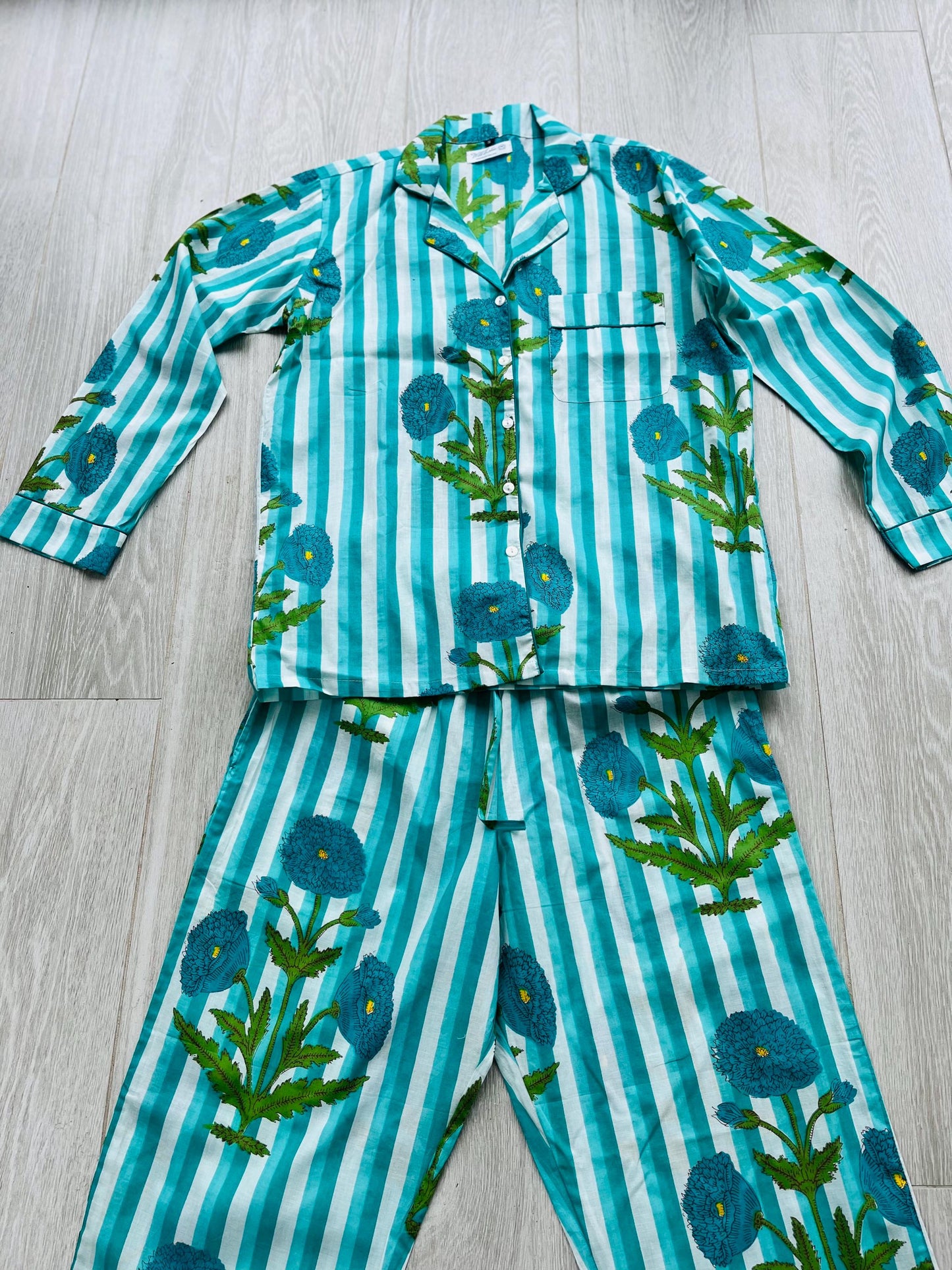 Bright Floral Striped Long Pyjama Set – Turquoise, Pale Blue and White 100% Cotton Sleepwear | Vintage-Inspired Button-Up PJs | Gift for Her