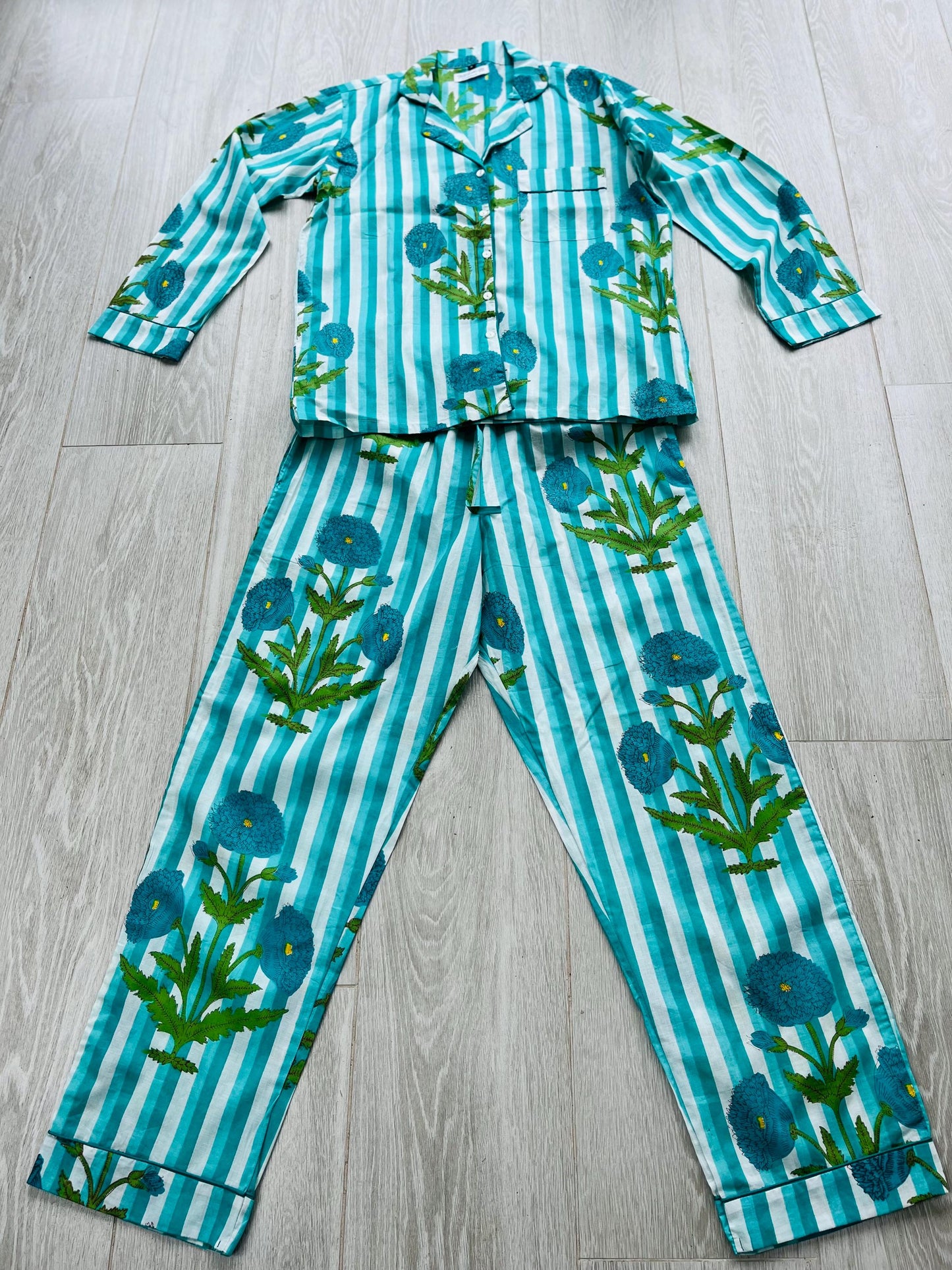 Bright Floral Striped Long Pyjama Set – Turquoise, Pale Blue and White 100% Cotton Sleepwear | Vintage-Inspired Button-Up PJs | Gift for Her