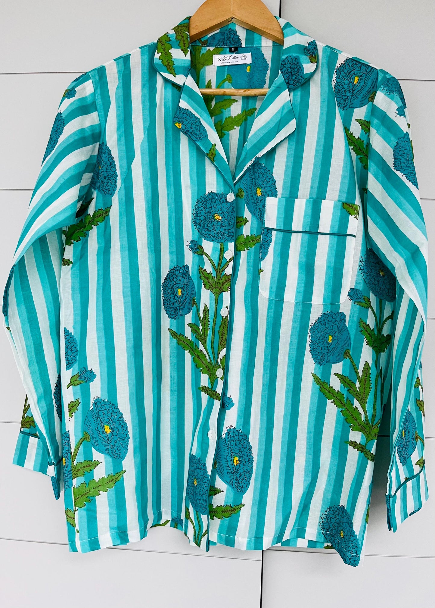 Bright Floral Striped Long Pyjama Set – Turquoise, Pale Blue and White 100% Cotton Sleepwear | Vintage-Inspired Button-Up PJs | Gift for Her