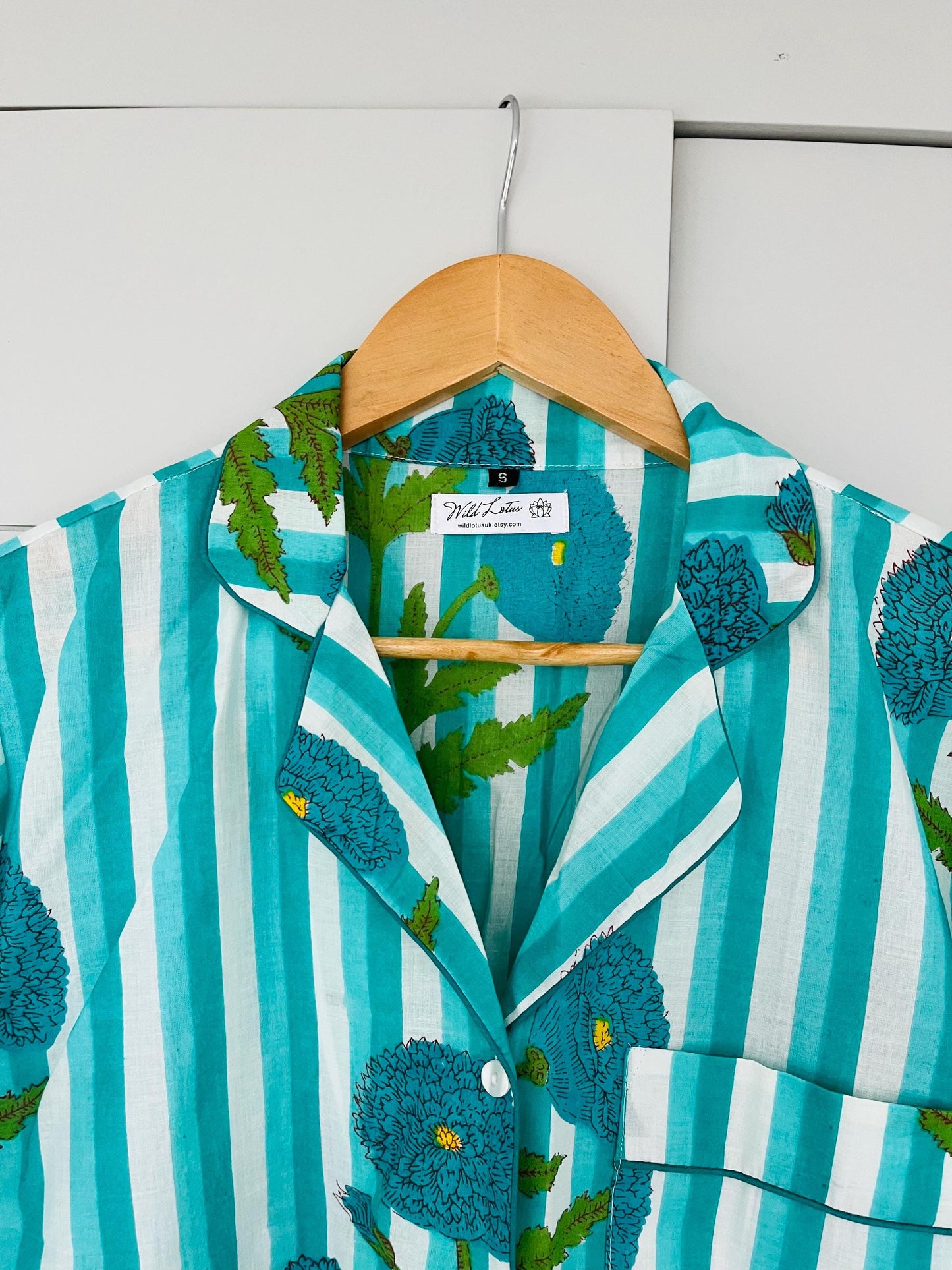Bright Floral Striped Long Pyjama Set – Turquoise, Pale Blue and White 100% Cotton Sleepwear | Vintage-Inspired Button-Up PJs | Gift for Her