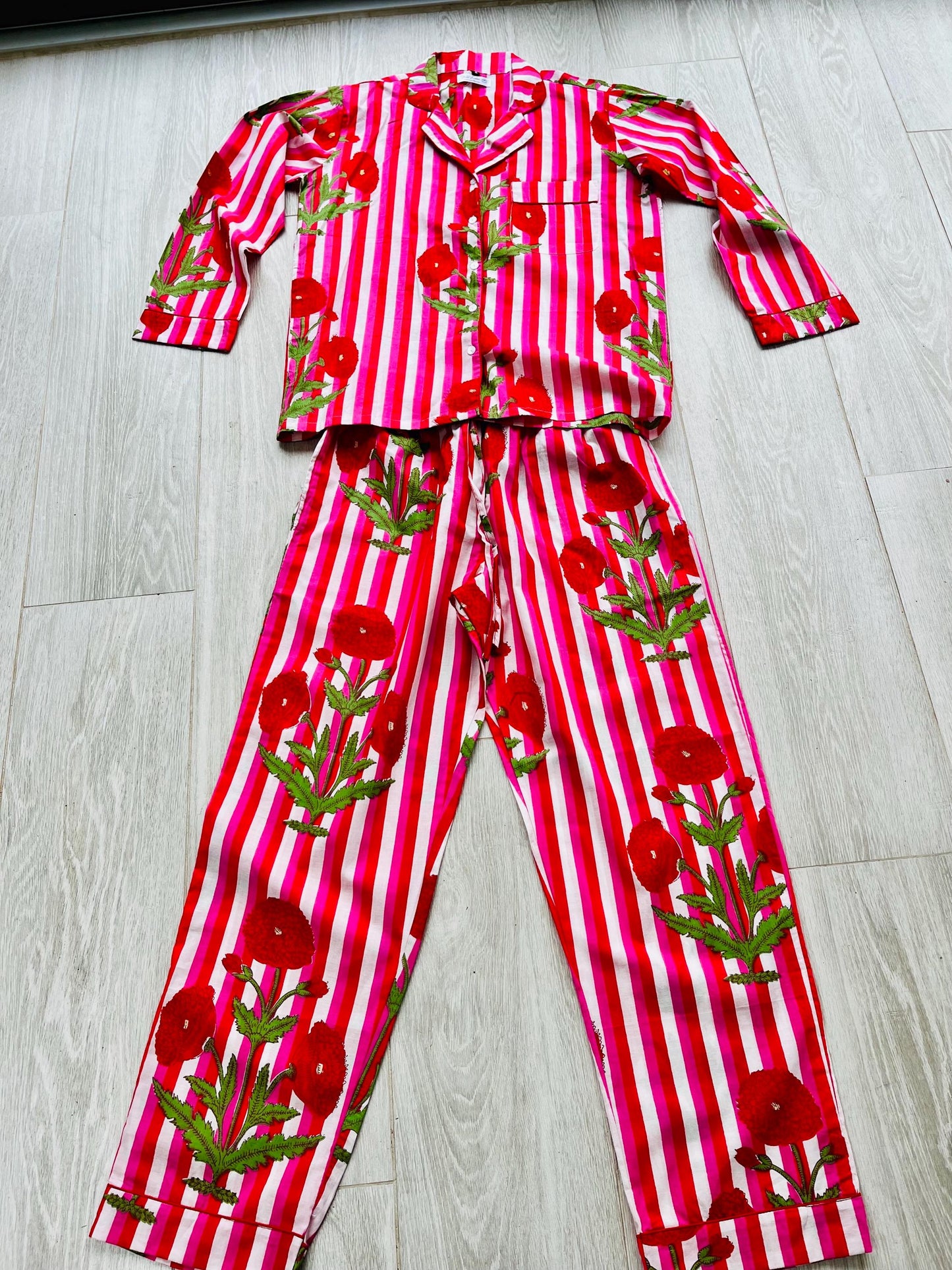 Bright Floral Striped Long Pyjama Set – Pink, Red and White Cotton Sleepwear | Vintage-Inspired Button-Up PJs | Gift for Her