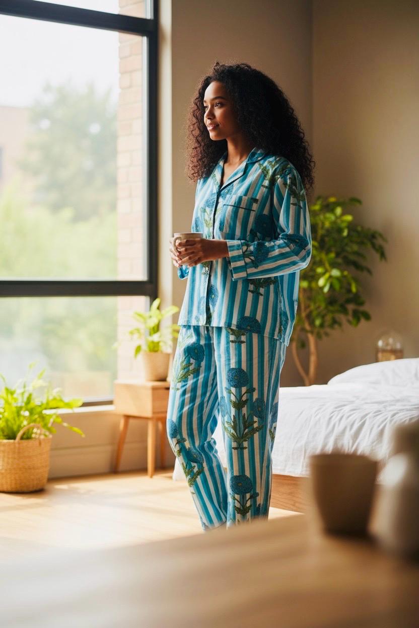 Bright Floral Striped Long Pyjama Set – Turquoise, Pale Blue and White 100% Cotton Sleepwear | Vintage-Inspired Button-Up PJs | Gift for Her