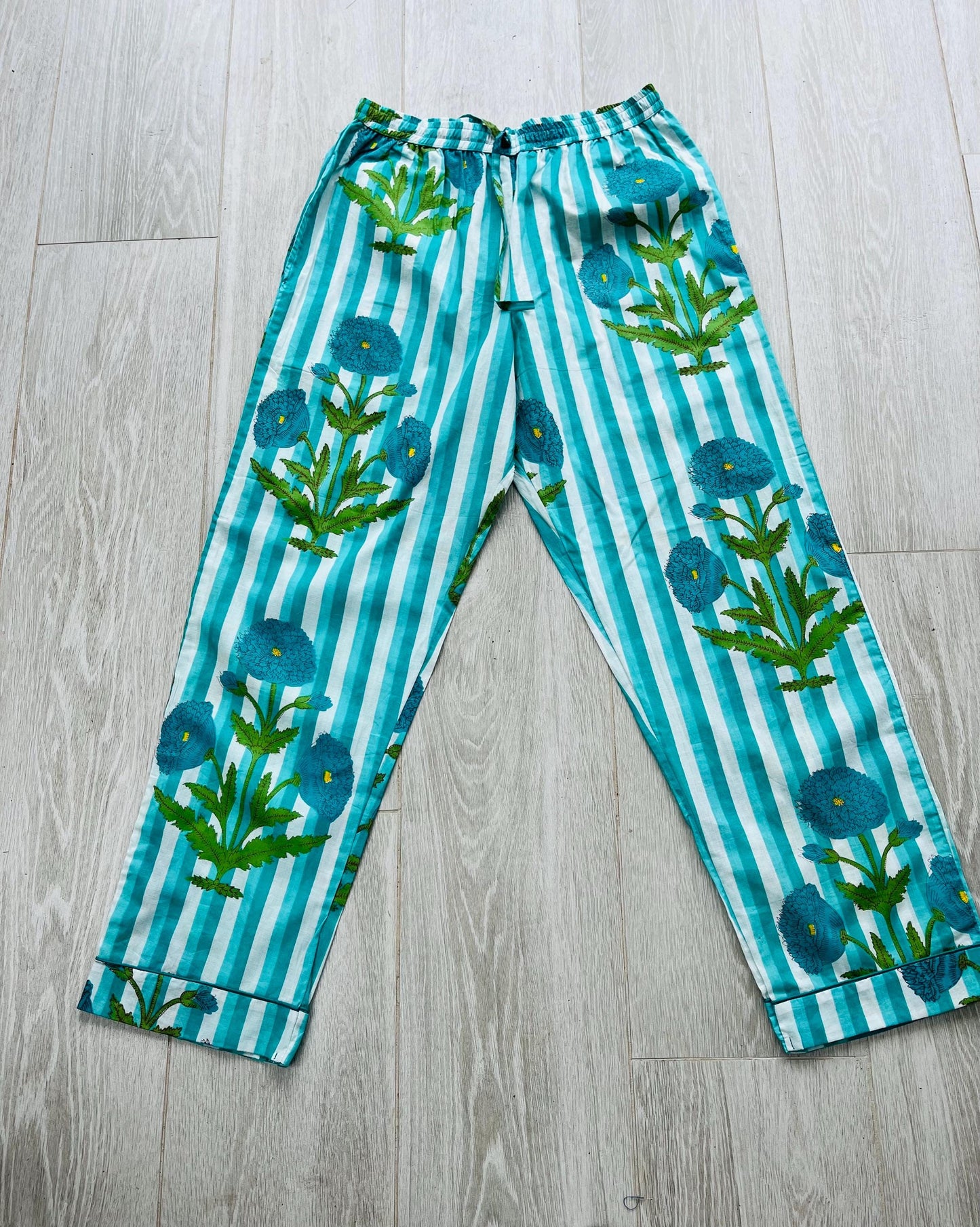 Bright Floral Striped Long Pyjama Set – Turquoise, Pale Blue and White 100% Cotton Sleepwear | Vintage-Inspired Button-Up PJs | Gift for Her