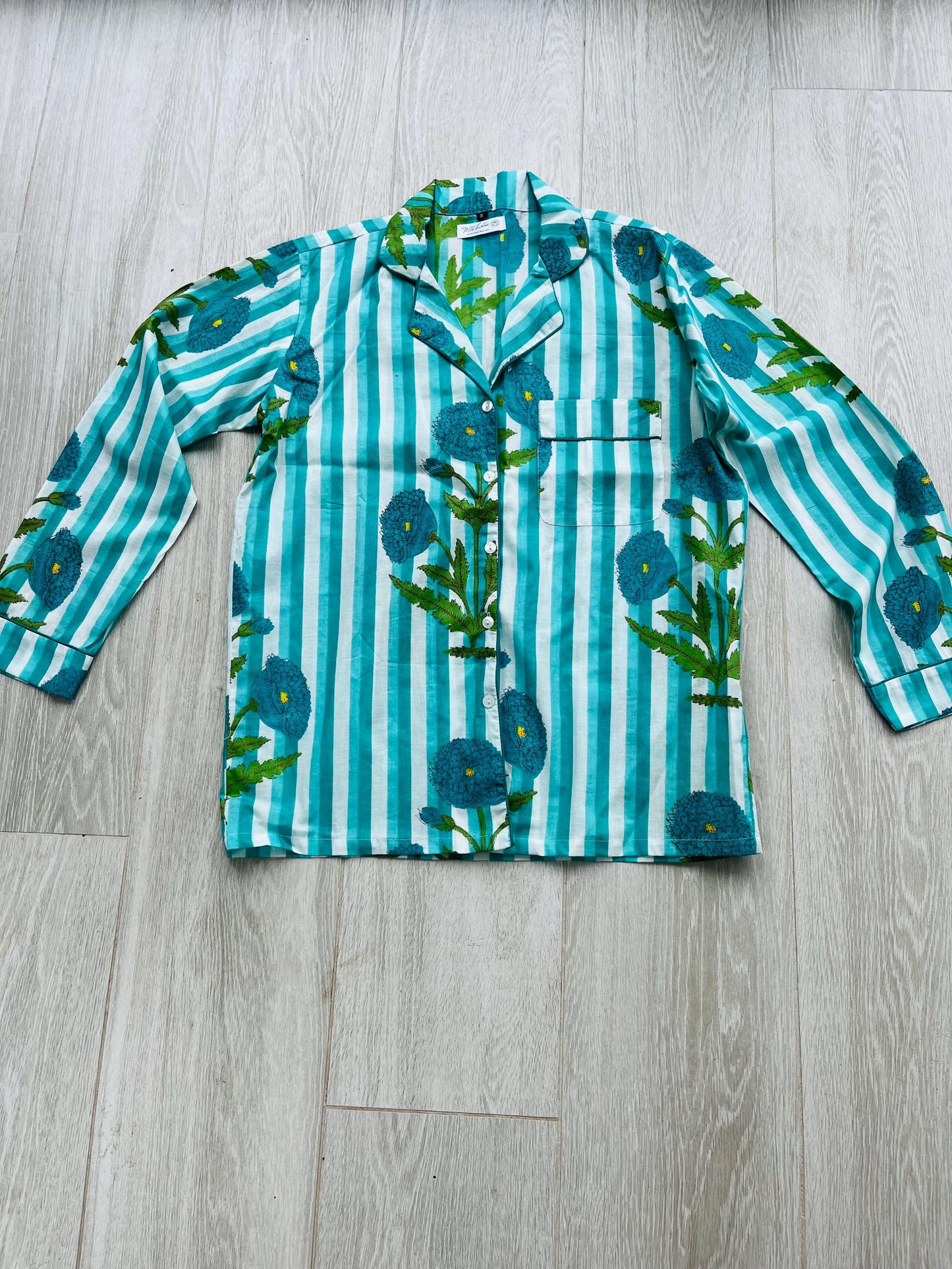 Bright Floral Striped Long Pyjama Set – Turquoise, Pale Blue and White 100% Cotton Sleepwear | Vintage-Inspired Button-Up PJs | Gift for Her