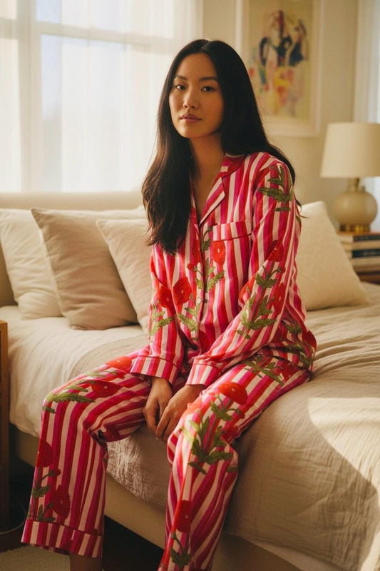 Bright Floral Striped Long Pyjama Set – Pink, Red and White Cotton Sleepwear | Vintage-Inspired Button-Up PJs | Gift for Her