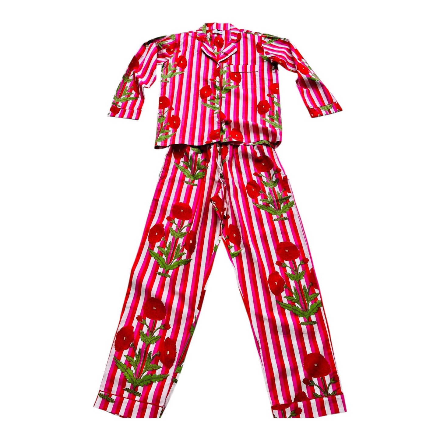 Bright Floral Striped Long Pyjama Set – Pink, Red and White Cotton Sleepwear | Vintage-Inspired Button-Up PJs | Gift for Her
