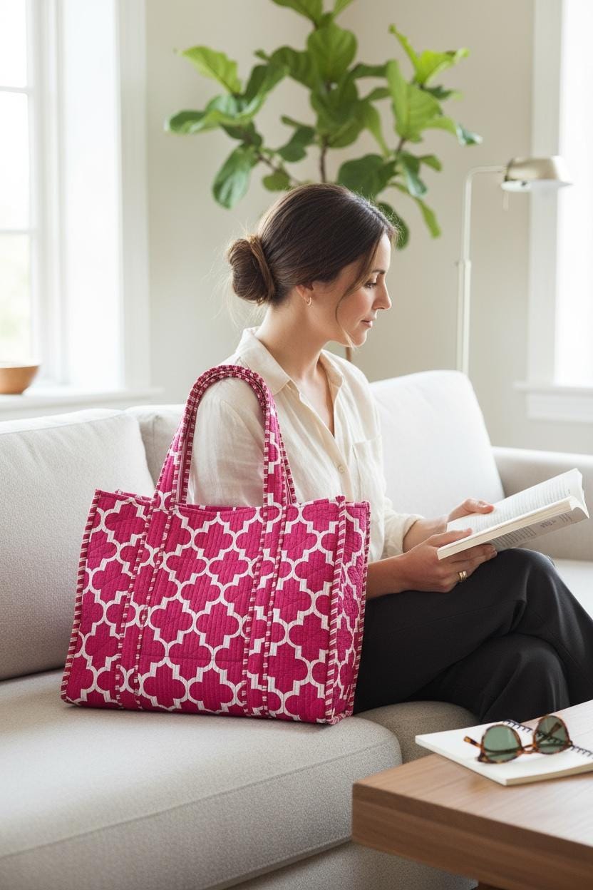 Geometric Print Quilted Tote Bag / Large Shoulder Bag / Grocery Bag / Women Large Shopping Bag / Indian Block Print