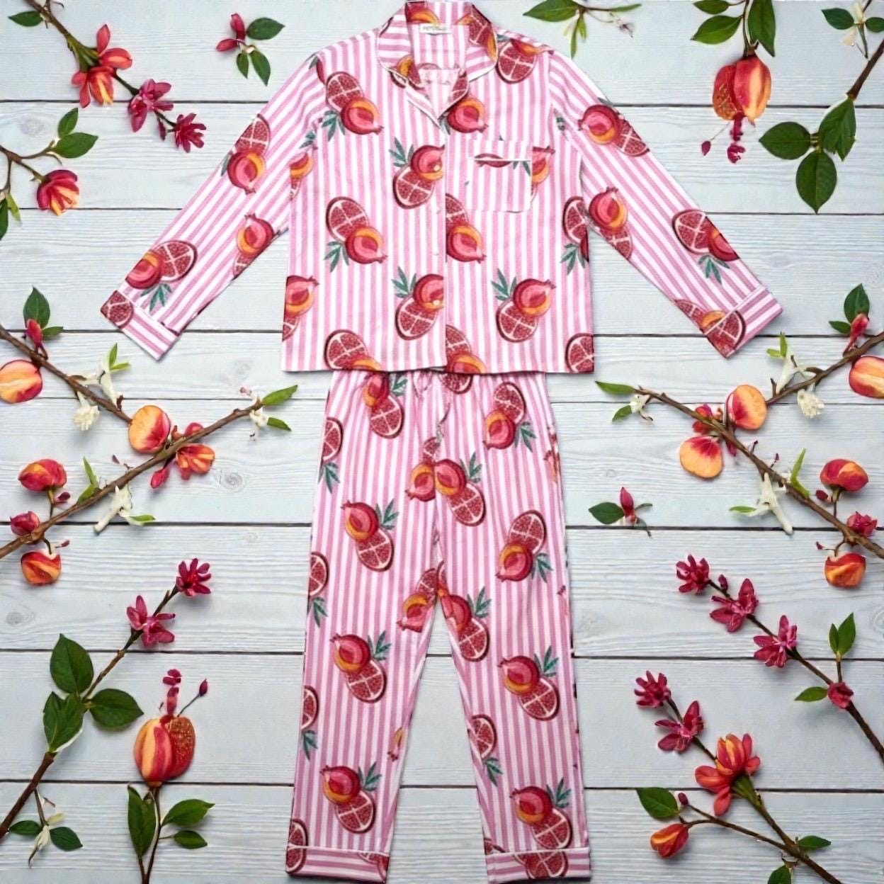 Pyjama Long Set Striped Cotton | Pink Stripe & Pomegranate Print Loungewear / Sleepwear