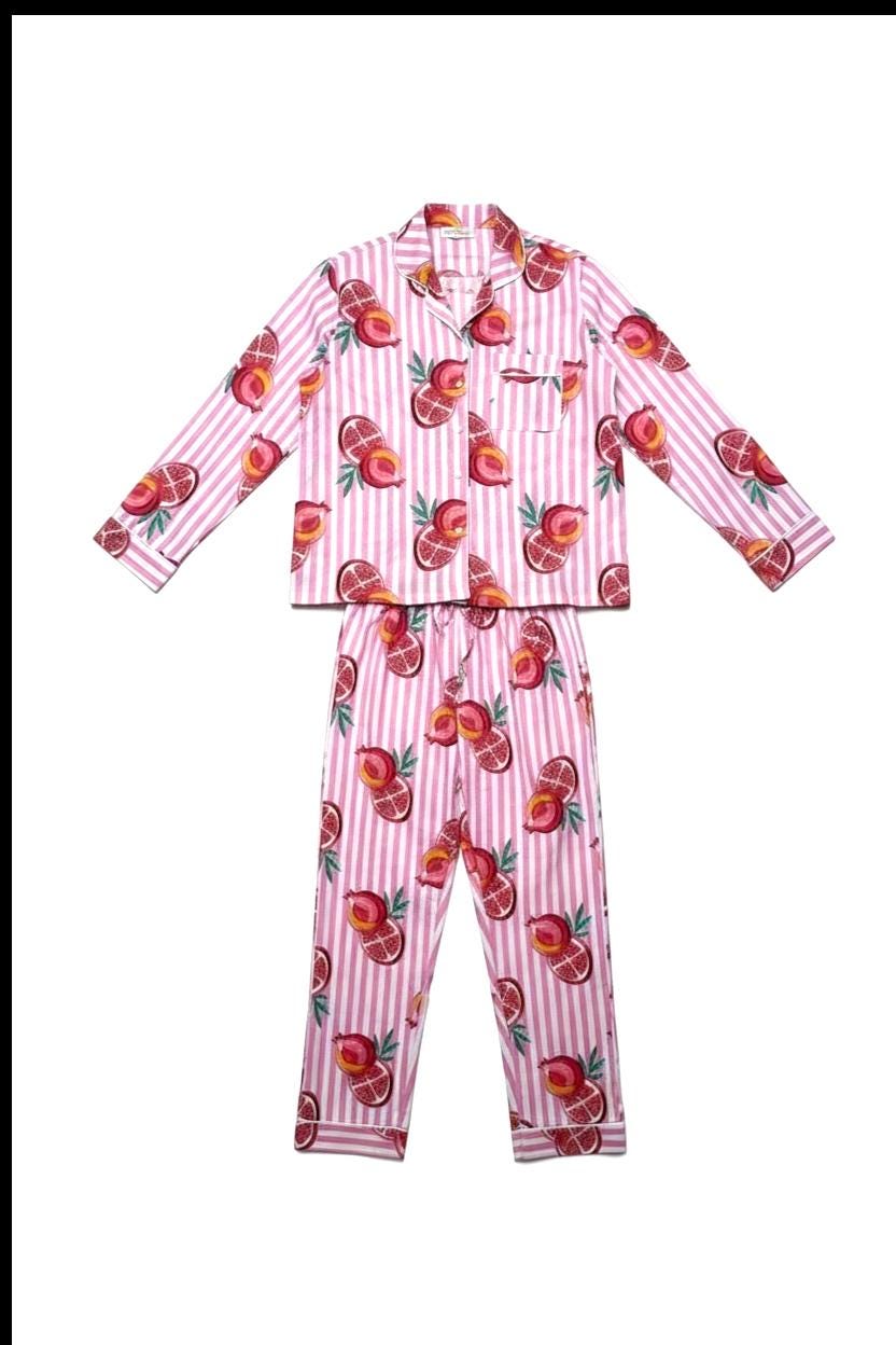 Pyjama Long Set Striped Cotton | Pink Stripe & Pomegranate Print Loungewear / Sleepwear