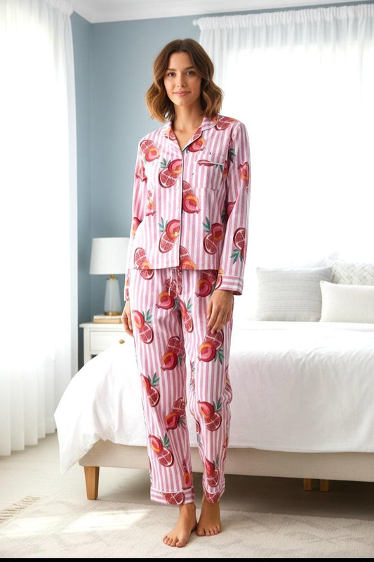 Pyjama Long Set Striped Cotton | Pink Stripe & Pomegranate Print Loungewear / Sleepwear