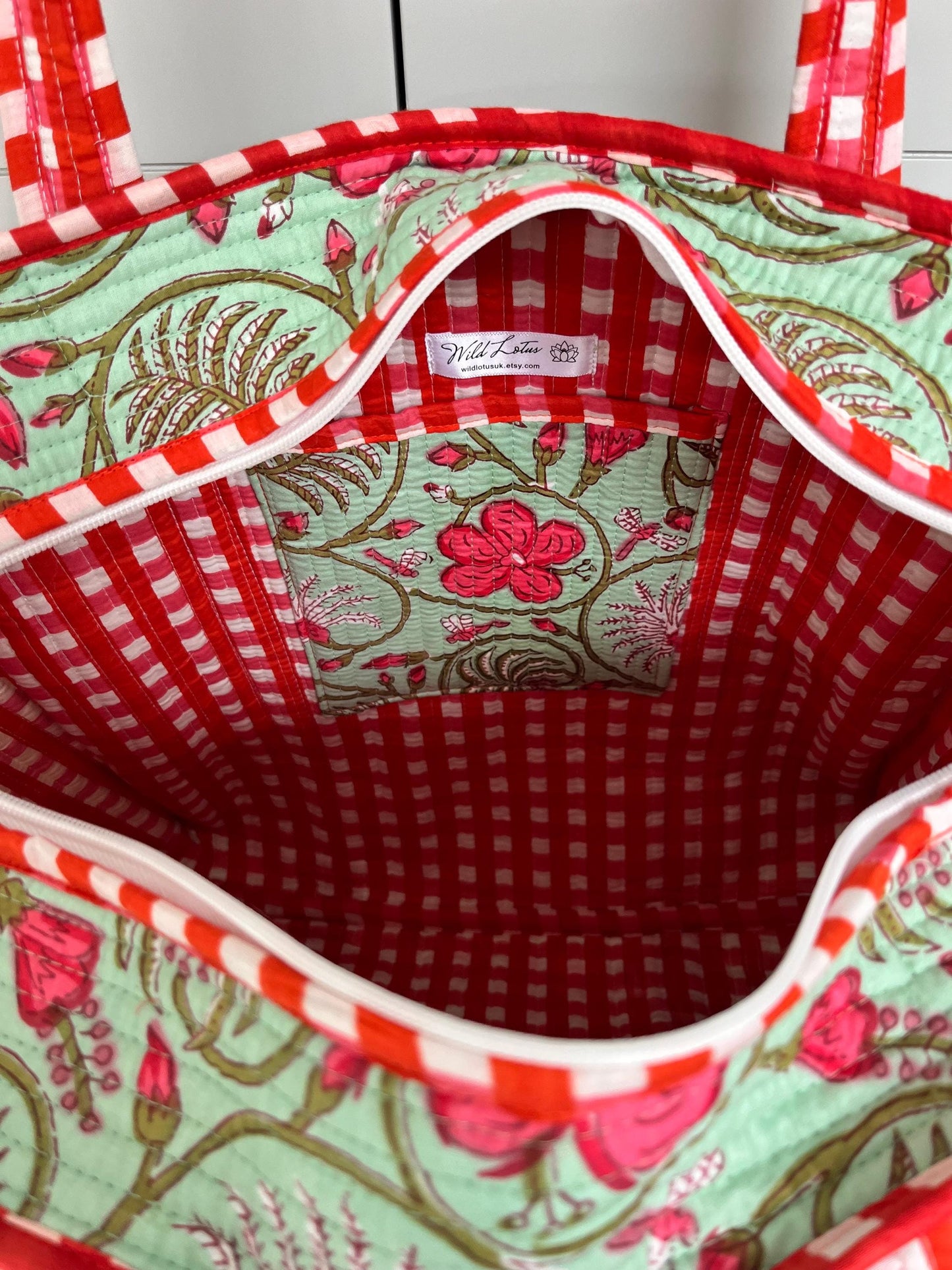 Floral Print Handmade Medium  Quilted Tote Bag – Secure Zip Fastening & Reinforced Handles | Perfect for Shopping, Travel & Beach | 16" x 16"