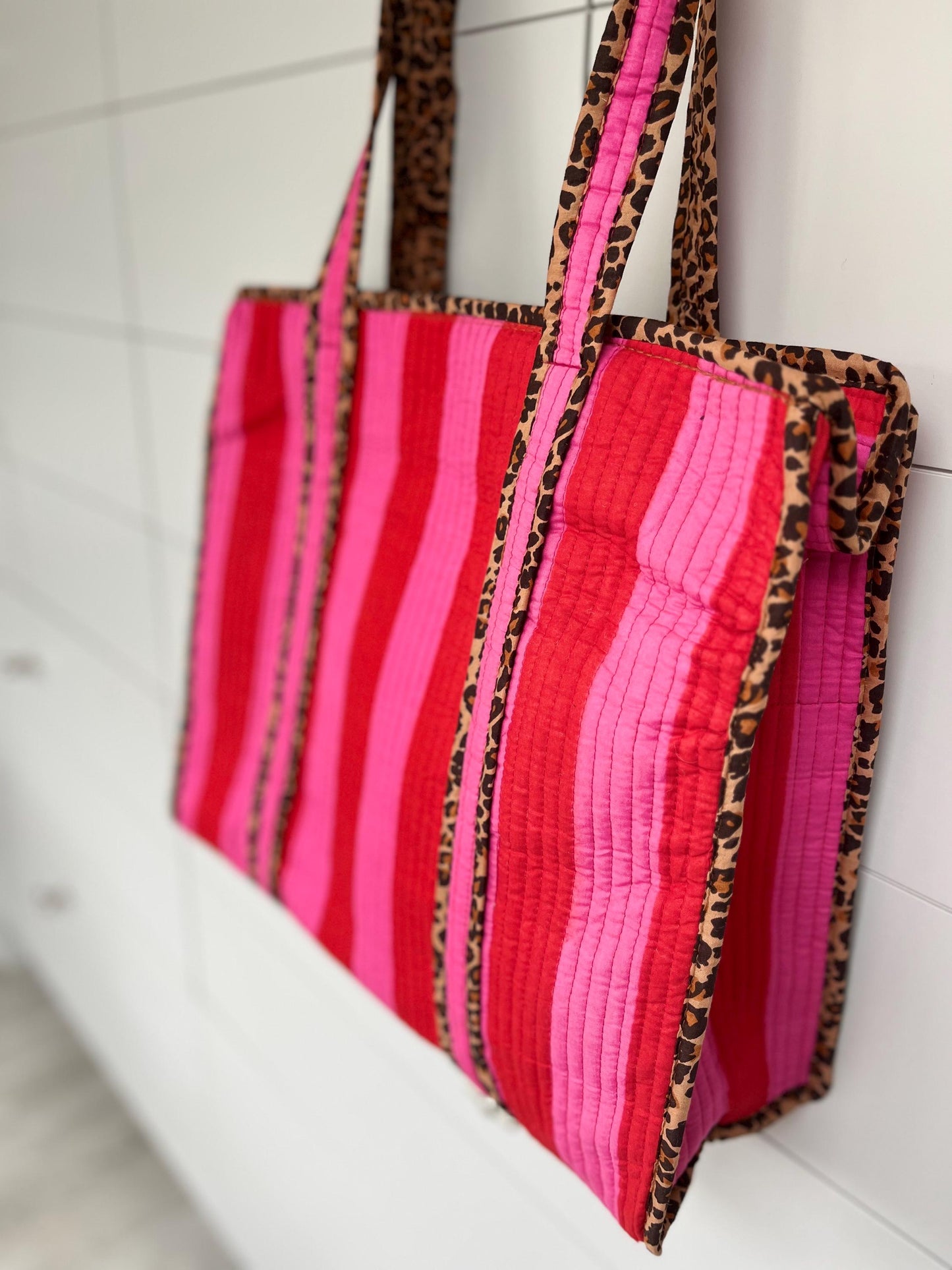 Pink Strip with Leopard Print Medium Quilted Zipped Tote Bag /  Shoulder Bag / Beach Bag / Work Bag / Women Shopping Bag / Indian Block Print (Copy)