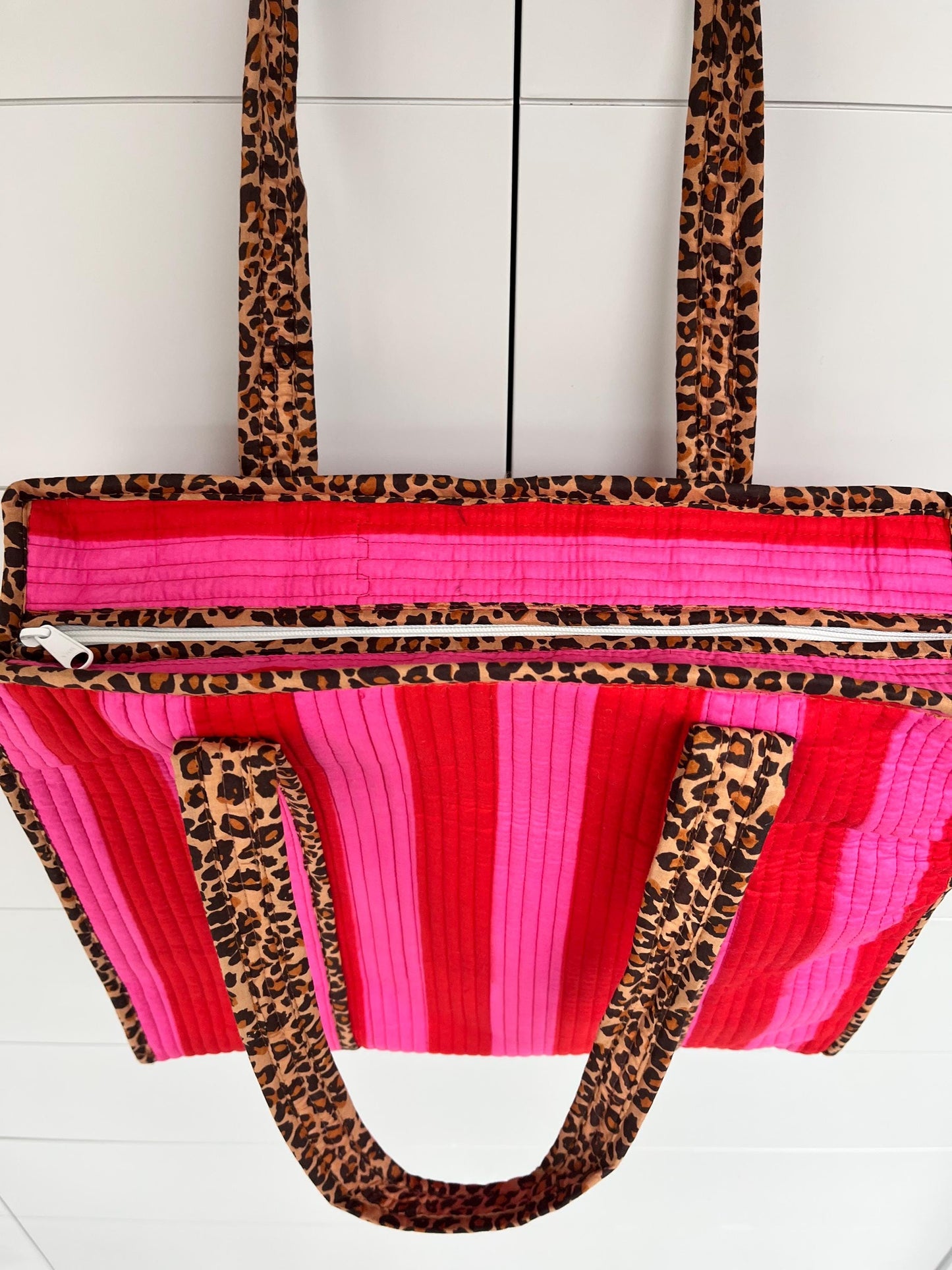 Pink Strip with Leopard Print Medium Quilted Zipped Tote Bag /  Shoulder Bag / Beach Bag / Work Bag / Women Shopping Bag / Indian Block Print (Copy)