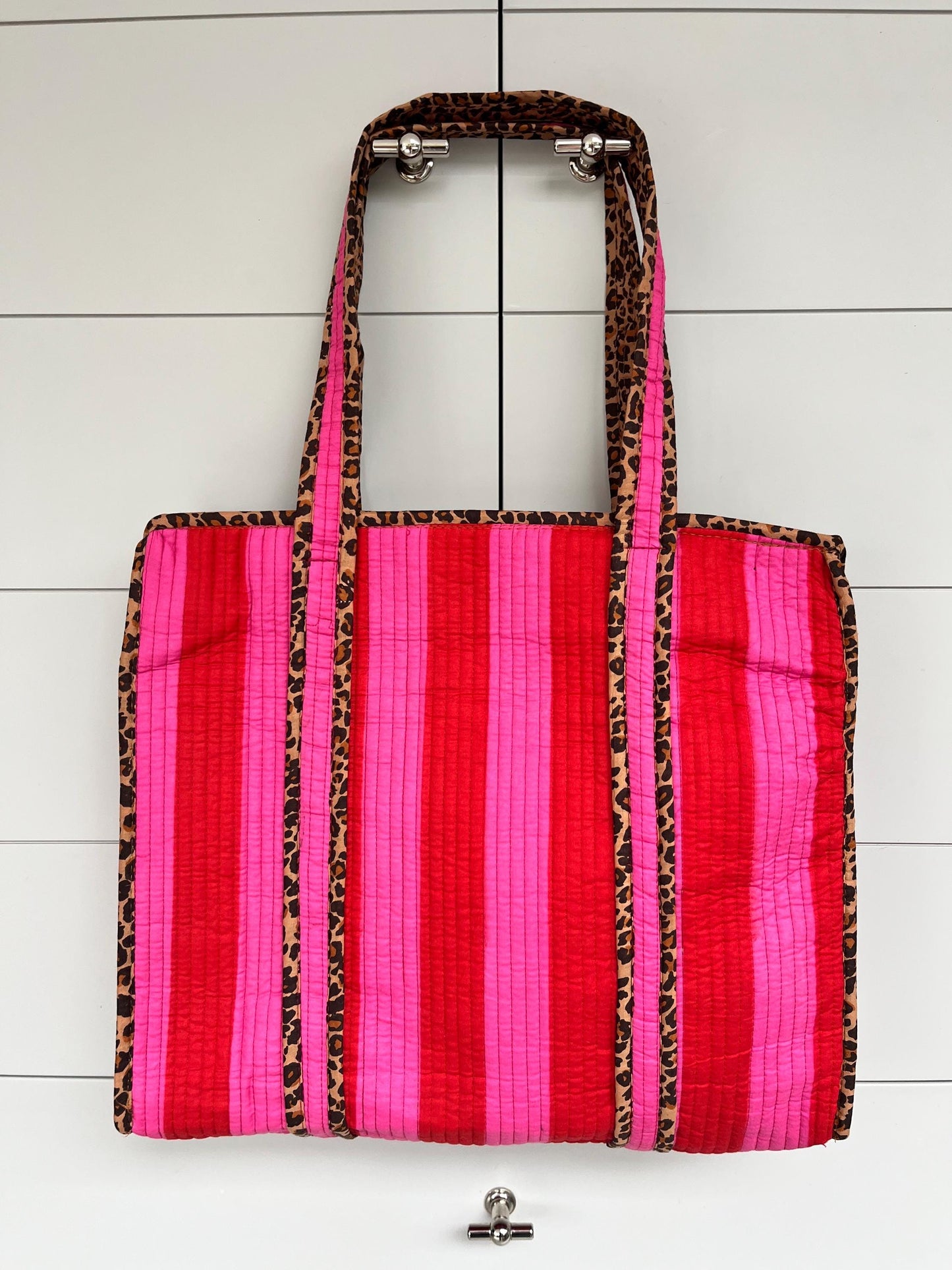 Pink Strip with Leopard Print Medium Quilted Zipped Tote Bag /  Shoulder Bag / Beach Bag / Work Bag / Women Shopping Bag / Indian Block Print (Copy)