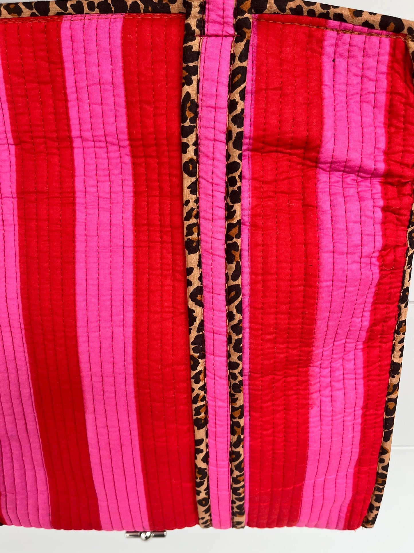 Pink Strip with Leopard Print Medium Quilted Zipped Tote Bag /  Shoulder Bag / Beach Bag / Work Bag / Women Shopping Bag / Indian Block Print (Copy)