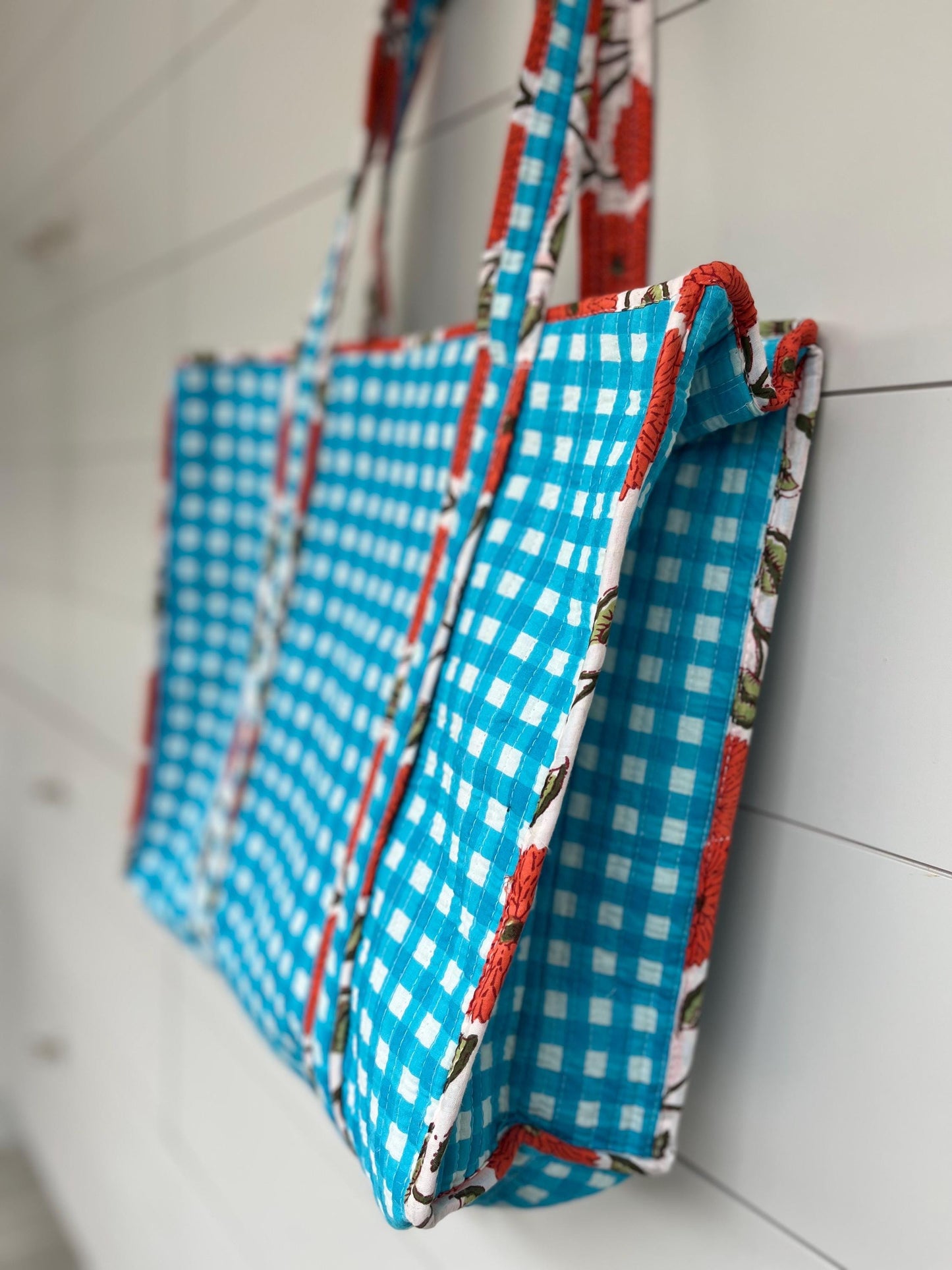 Turquoise Gingham Check Coral Bloom Quilted Tote Bag - Handmade Medium Floral Print with Secure Zip & Reinforced Handles 16" x 16" for Shopping Travel & Beach