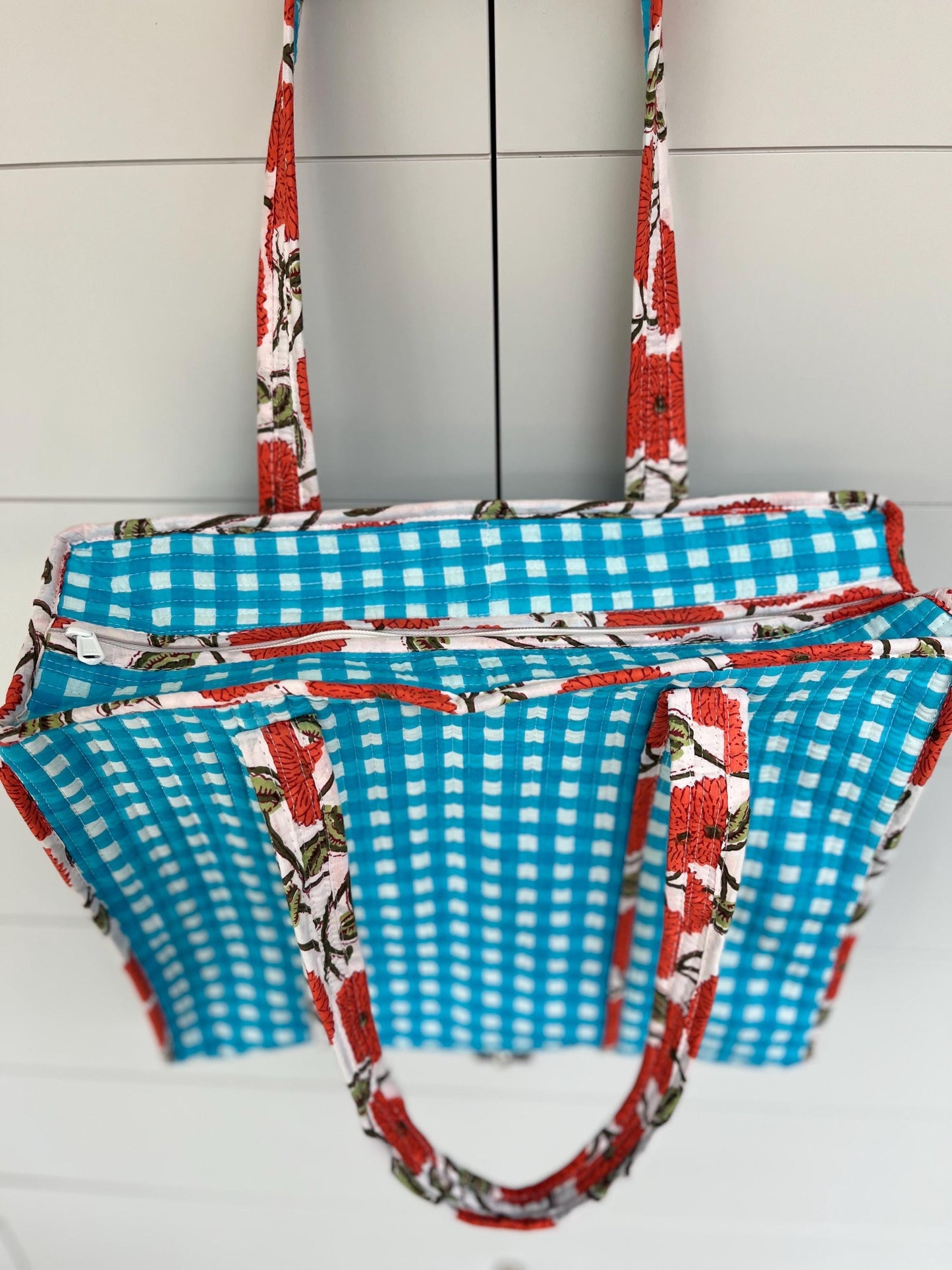 Turquoise Gingham Check Coral Bloom Quilted Tote Bag - Handmade Medium Floral Print with Secure Zip & Reinforced Handles 16" x 16" for Shopping Travel & Beach