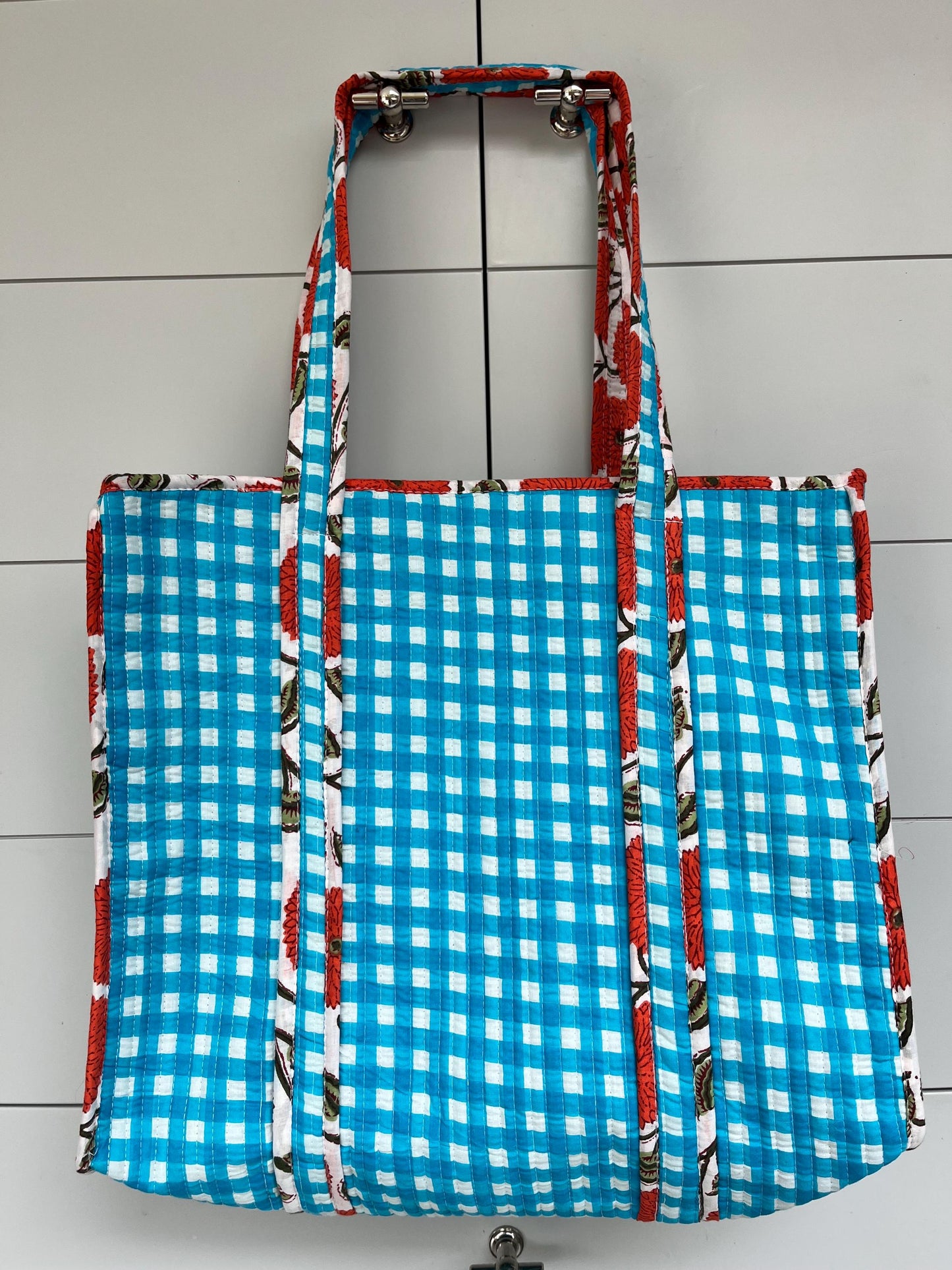 Turquoise Gingham Check Coral Bloom Quilted Tote Bag - Handmade Medium Floral Print with Secure Zip & Reinforced Handles 16" x 16" for Shopping Travel & Beach