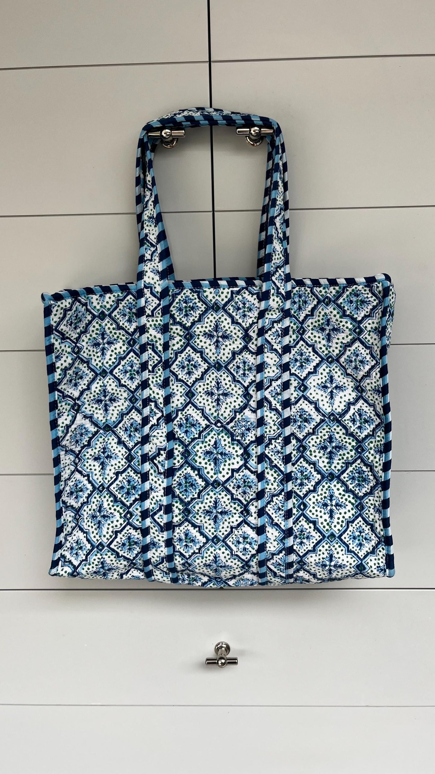 Blue Mosaic Handmade Medium Quilted Tote Bag – Secure Zip Fastening & Reinforced Handles | Perfect for Shopping, Travel & Beach | 16" x 16"