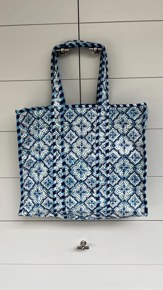 Blue Mosaic Handmade Medium Quilted Tote Bag – Secure Zip Fastening & Reinforced Handles | Perfect for Shopping, Travel & Beach | 16" x 16"