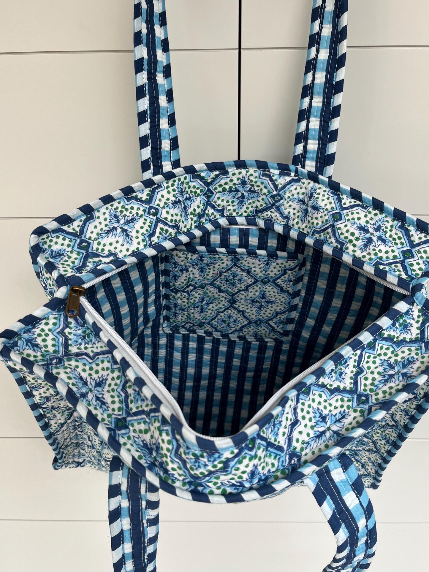 Blue Mosaic Handmade Medium Quilted Tote Bag – Secure Zip Fastening & Reinforced Handles | Perfect for Shopping, Travel & Beach | 16" x 16"