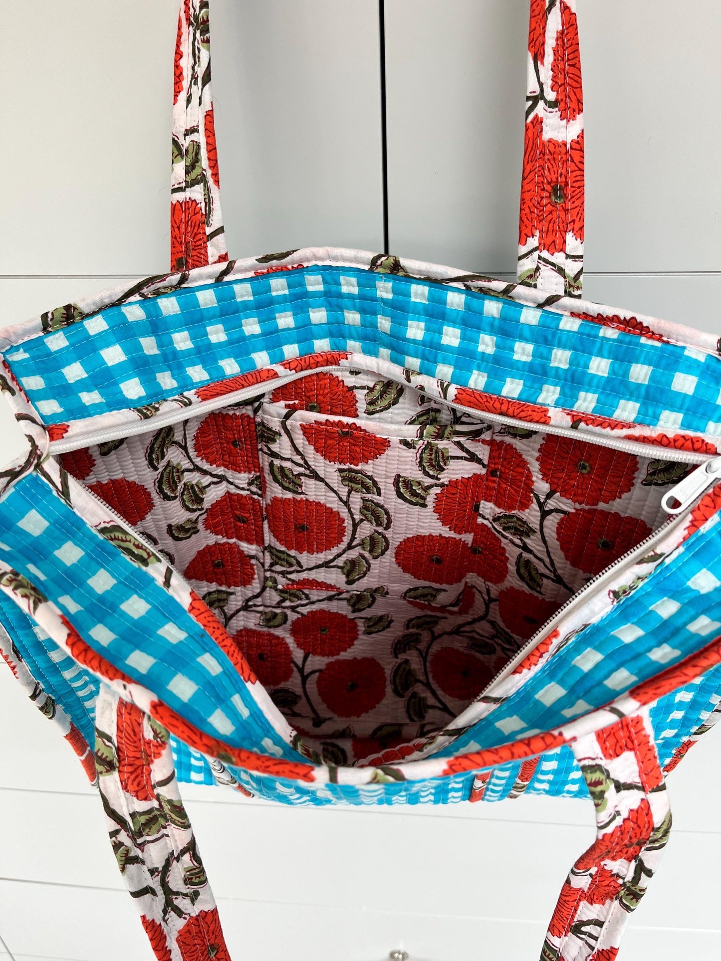 Turquoise Gingham Check Coral Bloom Quilted Tote Bag - Handmade Medium Floral Print with Secure Zip & Reinforced Handles 16" x 16" for Shopping Travel & Beach