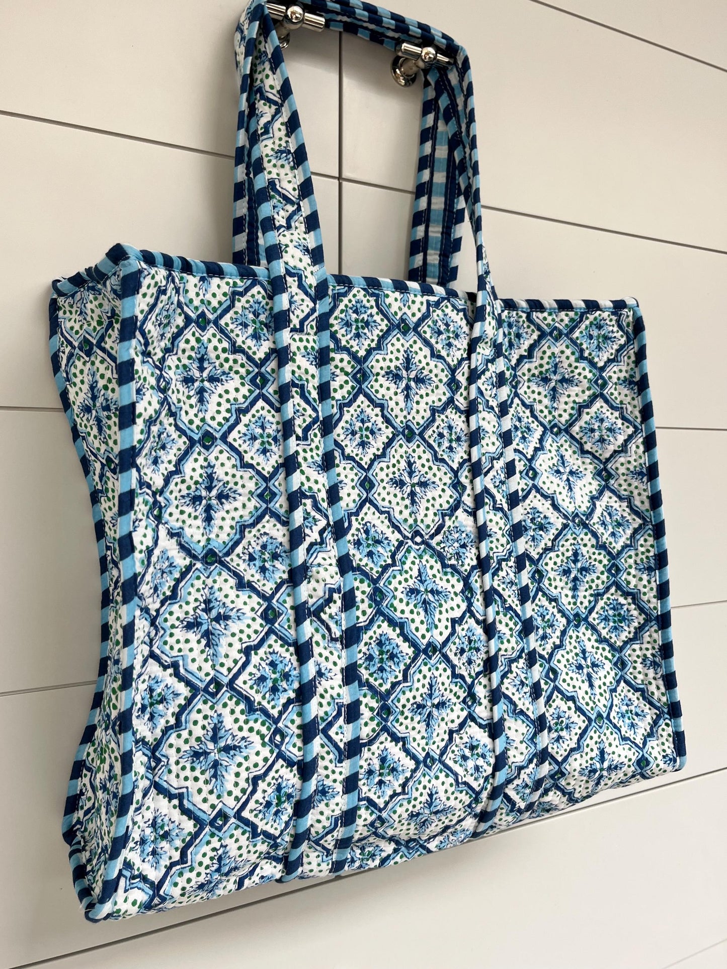Blue Mosaic Handmade Medium Quilted Tote Bag – Secure Zip Fastening & Reinforced Handles | Perfect for Shopping, Travel & Beach | 16" x 16"