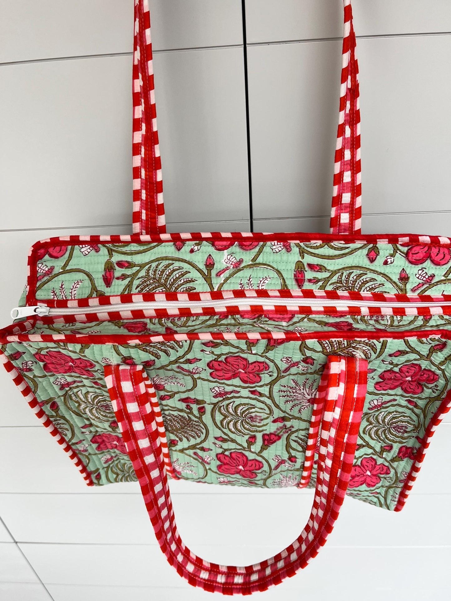 Floral Print Handmade Medium  Quilted Tote Bag – Secure Zip Fastening & Reinforced Handles | Perfect for Shopping, Travel & Beach | 16" x 16"