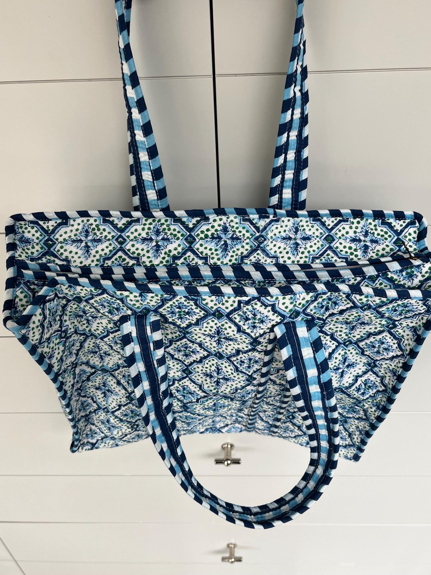 Blue Mosaic Handmade Medium Quilted Tote Bag – Secure Zip Fastening & Reinforced Handles | Perfect for Shopping, Travel & Beach | 16" x 16"