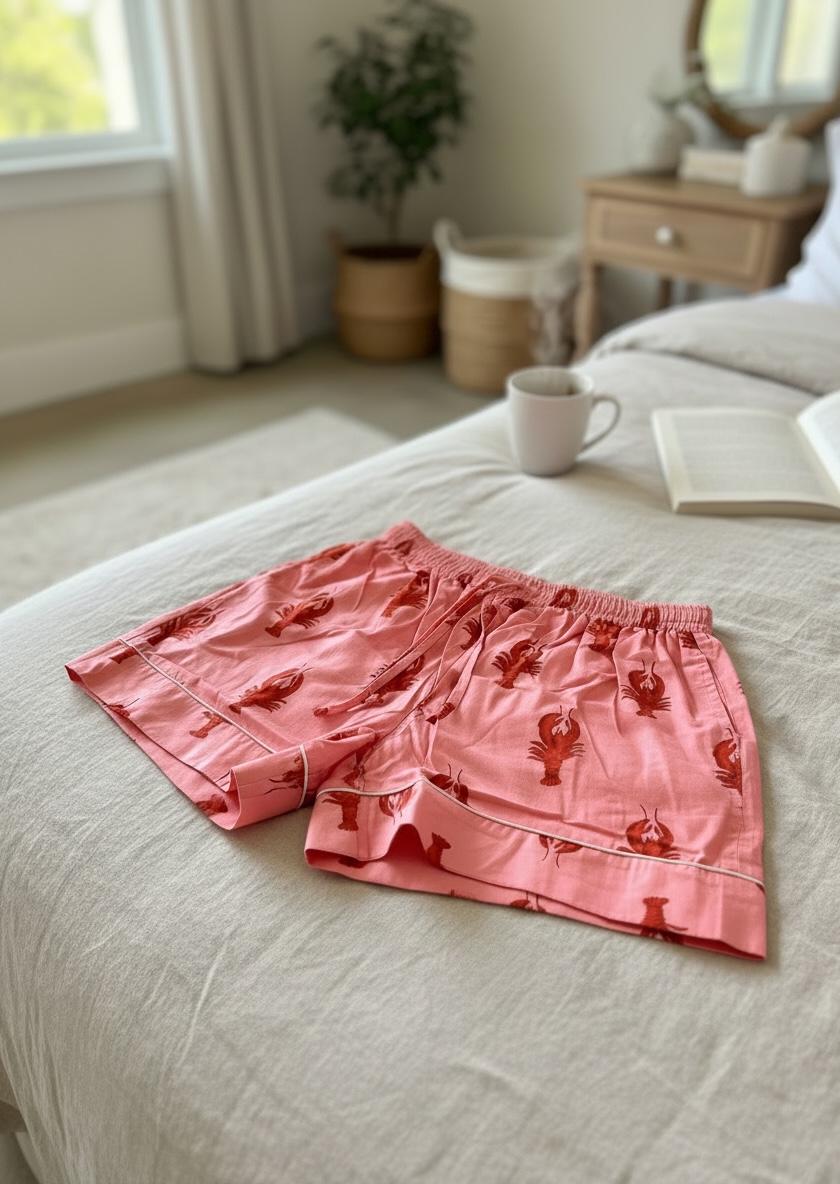 Pink Lobster Print Cotton Pyjama Shorts | Womens Summer Lounge Shorts | PJ Bottoms | Lightweight Sleepwear