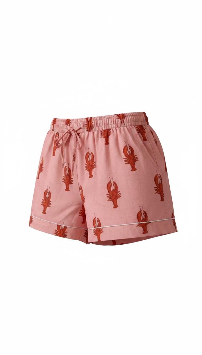 Pink Lobster Print Cotton Pyjama Shorts | Womens Summer Lounge Shorts | PJ Bottoms | Lightweight Sleepwear