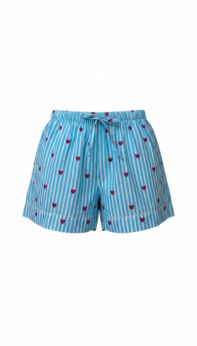 Blue Stripe Heart Cotton Pyjama Shorts – Women’s 100% Cotton PJ Bottoms – Lightweight Summer Sleepwear – Small Medium Large