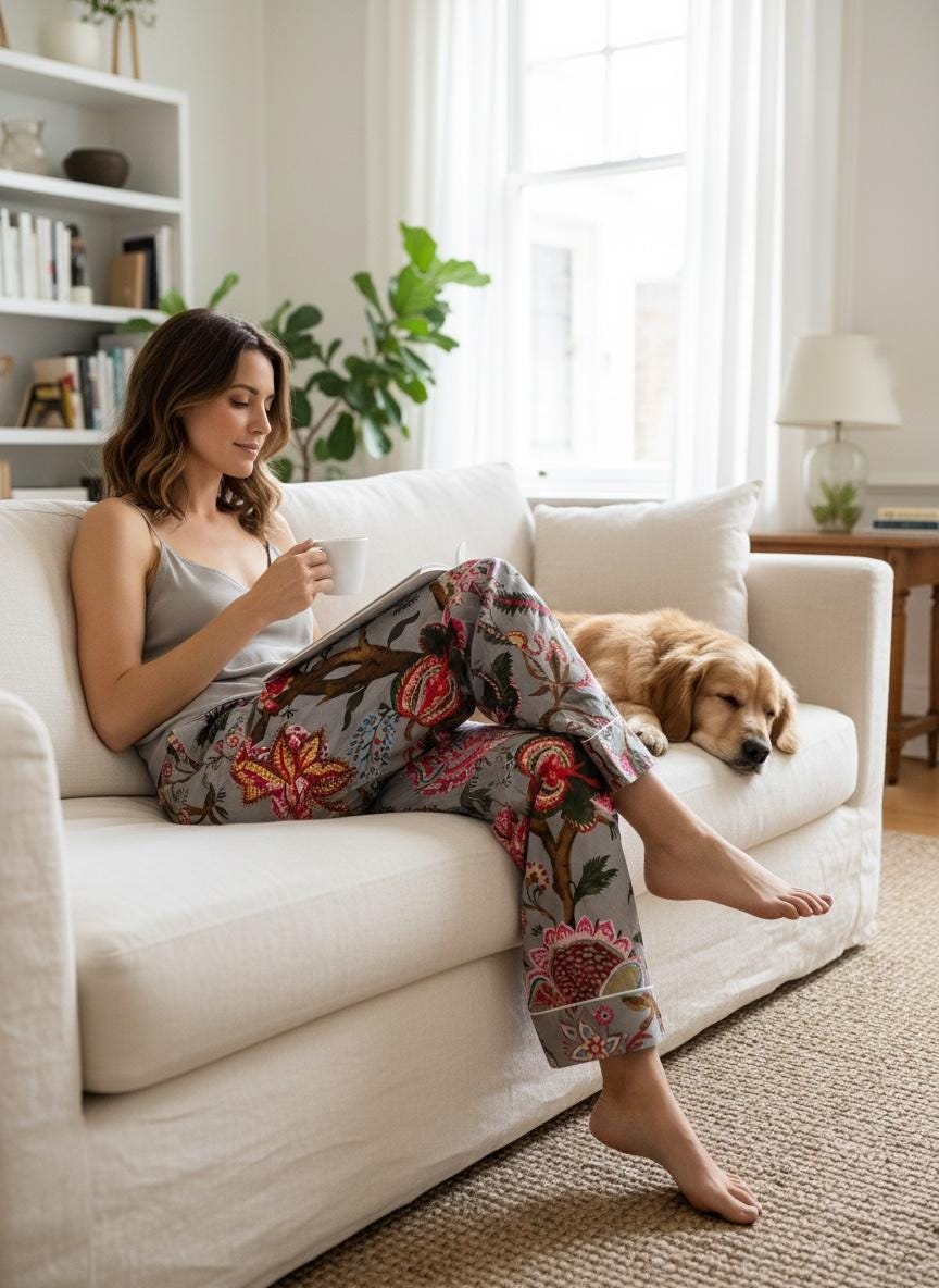 Bohemian Floral Cotton Pyjama Bottoms – Women’s Lounge Pants – Soft Breathable Sleepwear – Grey Print PJ Trousers – S/M/L