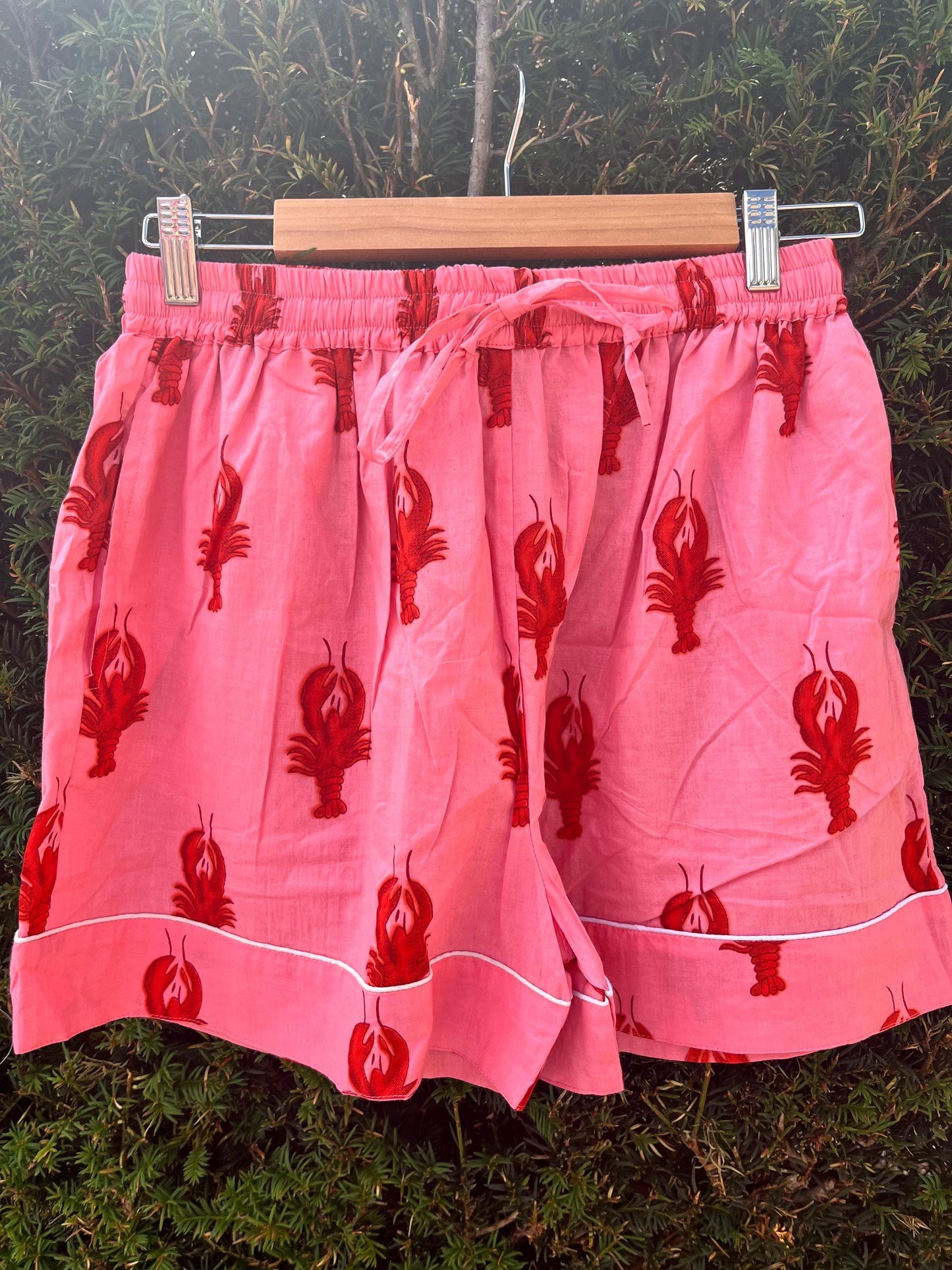 Pink Lobster Print Cotton Pyjama Shorts | Womens Summer Lounge Shorts | PJ Bottoms | Lightweight Sleepwear
