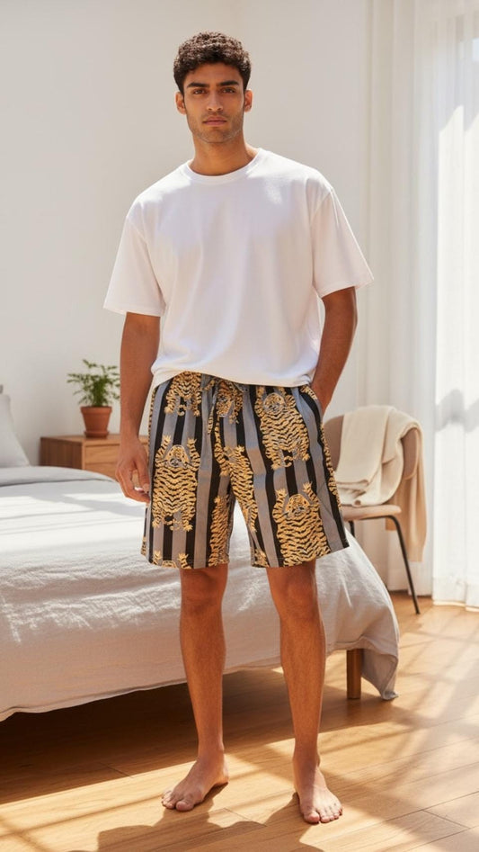 Men’s Tiger Print Cotton Pyjama Shorts with Pockets – Lounge & Sleep Shorts