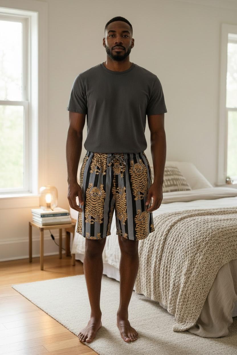Men’s Tiger Print Cotton Pyjama Shorts with Pockets – Lounge & Sleep Shorts